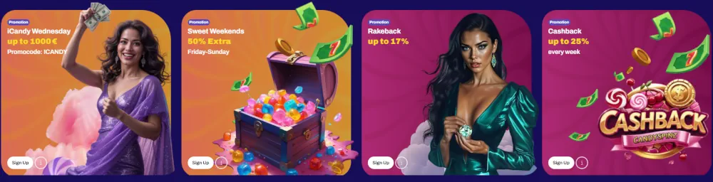 Tablero promocional del casino Candy Spinz con varios bonos de depósito y recarga.